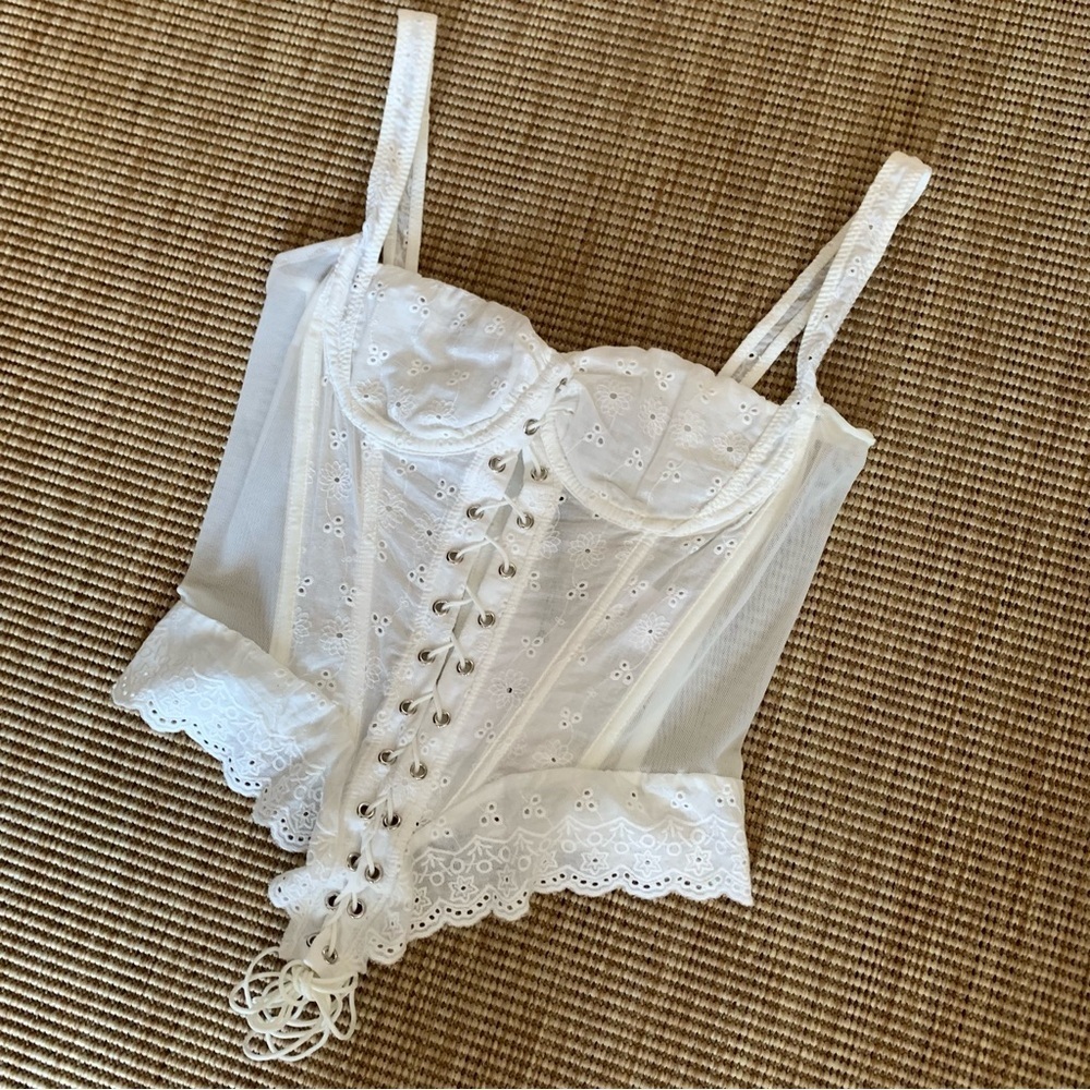 NWT Miaou Deville Cotton Eyelet Sheer Lace Tie Bustier Corset Top Cottage White - Picture 7 of 12